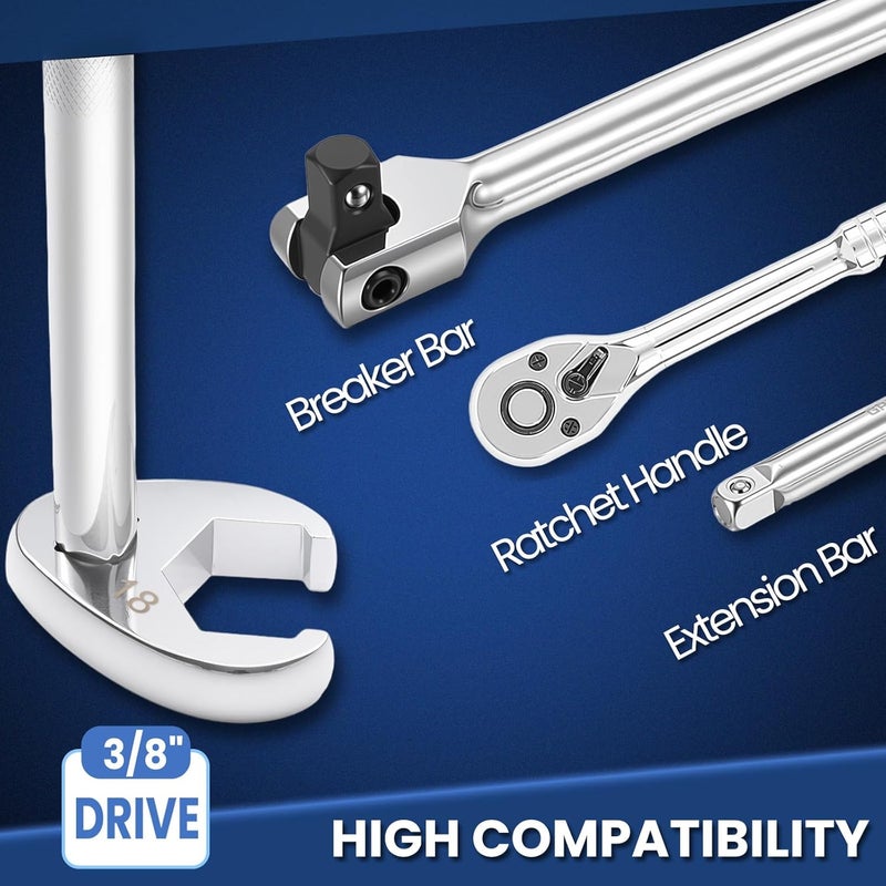 DikTalk 3/8" Drive Metric Crow foot Wrench Set 10-Piece 10-22mm, CR-V Steel Flare Nut Design, for Automotive & Plumbing Tight Spaces Access with Clip-On Organizer - Image 5